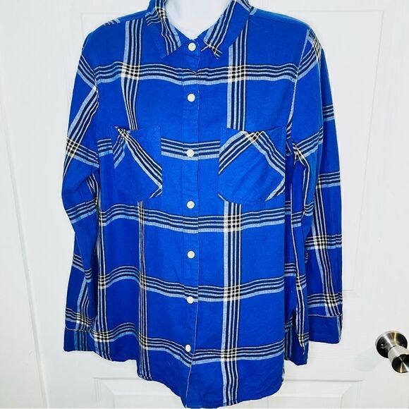 Old Navy Classic Plaid Flannel Shirt Button Up Top Blue Black M - Picture 2 of 8